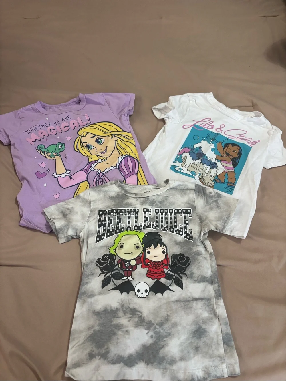 Rapunzel Purple Tee, Lilo & Stitch White Tee, Beetlejuice Tee bundle